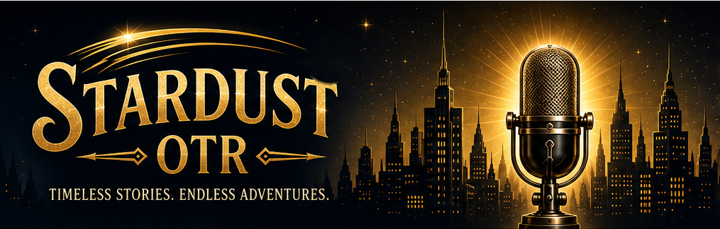Stardust OTR with a glowing vintage microphone and Art Deco skyline